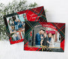 horizontal christmas card with red and green plaid background and a single arched photo