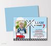 train themed birthday invitation with single photo, blue background, red accents, x-ing sign, locomotive, striped back side