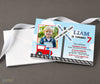 train themed birthday invitation with single photo, blue background, red accents, x-ing sign, locomotive, printed on cardstock