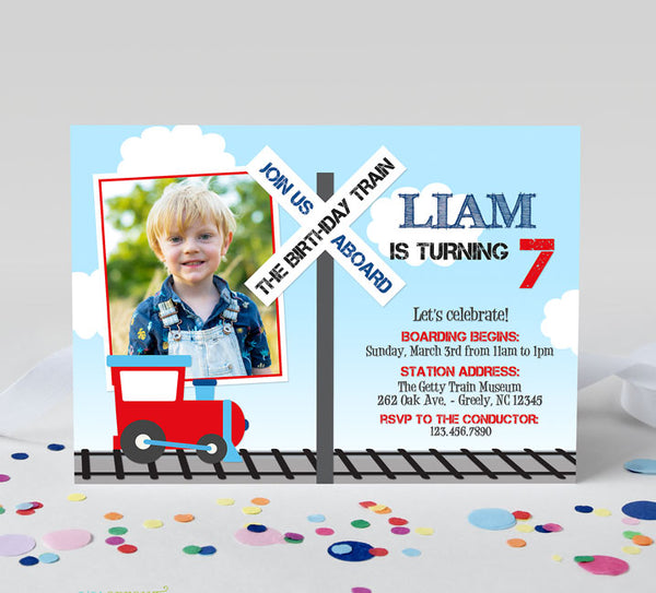 train themed birthday invitation with single photo, blue background, red accents, x-ing sign, locomotive