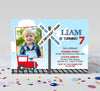 train themed birthday invitation with single photo, blue background, red accents, x-ing sign, locomotive