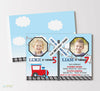 train themed joint birthday invitation for two kids, blue background with red train, crossing sign and tracks, two photos, double sided