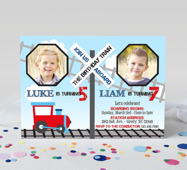 train themed joint birthday invitation for two kids, blue background with red train, crossing sign and tracks, two photos