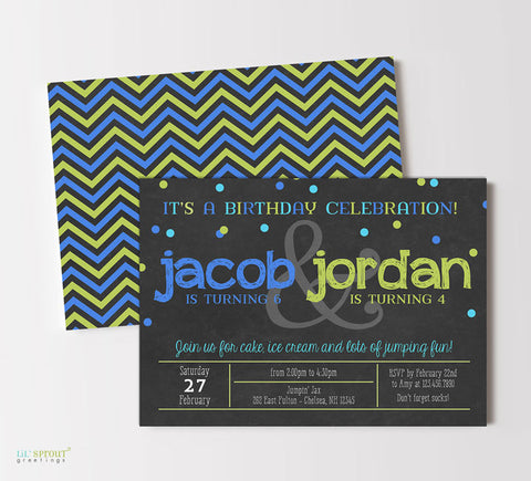 double birthday invitation with black chalkboard background, colorful confetti and blue and green text