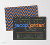 double birthday invitation with black chalkboard background, colorful confetti and blue and orange text