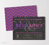 double birthday invitation with black chalkboard background, colorful confetti and pink and purple text