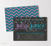 double birthday invitation with black chalkboard background, colorful confetti and teal and light purple text