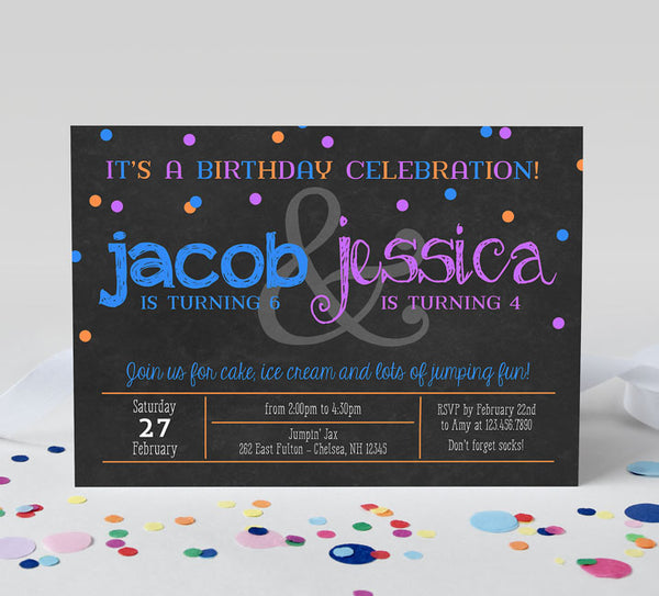 double birthday invitation with black chalkboard background, colorful confetti and blue and purple text