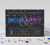 double birthday invitation with black chalkboard background, colorful confetti and blue and purple text