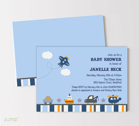 transportation themed boy baby shower invitation with car, plane, boat, helo graphics and orange blue gray accents