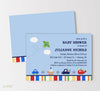 transportation themed boy baby shower invitation with car, plane, boat, helo graphics and red blue yellow accents, double sided