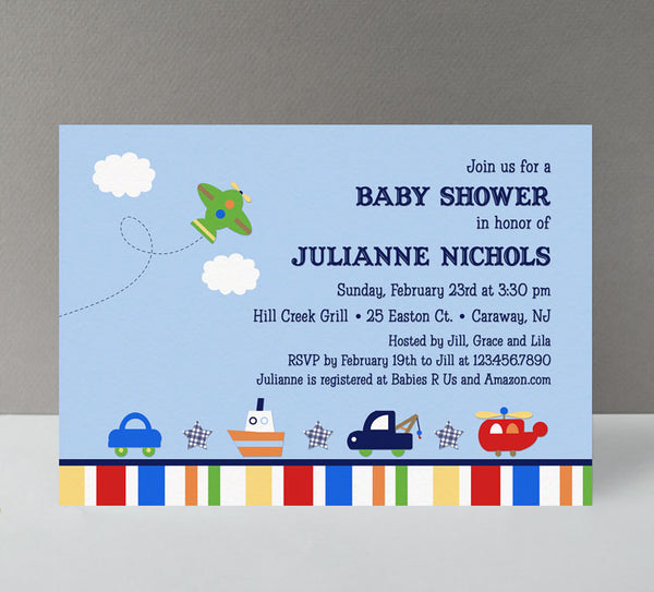 transportation themed boy baby shower invitation with car, plane, boat, helo graphics and red blue yellow accents