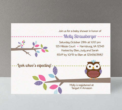 owl girl baby shower invitation with tree branches with colorful patterned pink blue purple and green leave, owl graphic