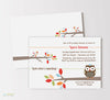 owl themed baby shower invitation with gender neutral colors, tree branches, shades of red, blue, orange & green, double sided