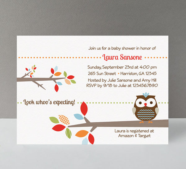 owl themed baby shower invitation with gender neutral colors, tree branches, shades of red, blue, orange & green