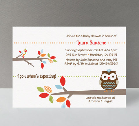 owl themed baby shower invitation with gender neutral colors, tree branches, shades of red, blue, orange & green