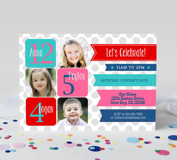 joint birthday party invitation for 3 kids with a gray polka dot background, 3 photos, and colorful text boxes and ribbons