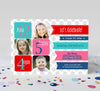 joint birthday party invitation for 3 kids with a gray polka dot background, 3 photos, and colorful text boxes and ribbons