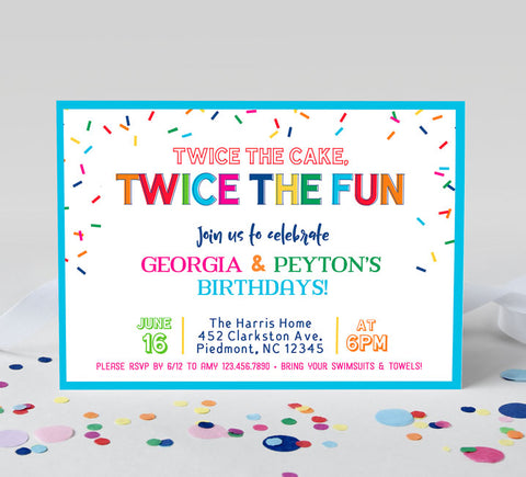 twice the fun birthday invitation for two kids with rainbow text and sprinkles on a white background