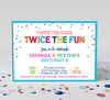 twice the fun birthday invitation for two kids with rainbow text and sprinkles on a white background