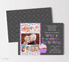 twin girl 1st birthday party invitation with gray background, pink, yellow and purple polka dots and text and five photos