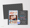 twin boy girl 1st birthday party invitation with gray background, pink and blue polka dots and text and five photos