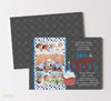 twin boy 1st birthday party invitation with gray background, red and blue polka dots and text and five photos