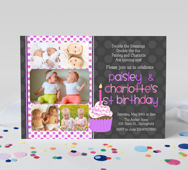 twin girl 1st birthday party invitation with gray background, pink and purple polka dots and text and five photos