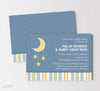 baby shower invitation with blue star patterned background, yellow moon and star graphics and green, blue yellow and white striped bottom, double sided