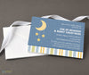 baby shower invitation with blue star patterned background, yellow moon and star graphics and green, blue yellow and white striped bottom, printed on cardstock