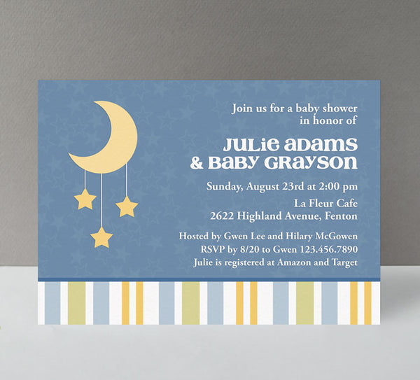 baby shower invitation with blue star patterned background, yellow moon and star graphics and green, blue yellow and white striped bottom