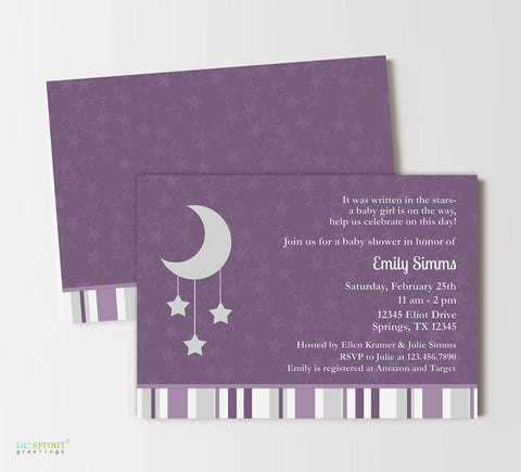 girl baby shower invitation with purple star patterned background, striped bottom, gray moon and stars graphics, double sided