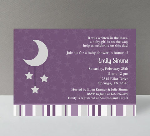 girl baby shower invitation with purple star patterned background, striped bottom, gray moon and stars graphics