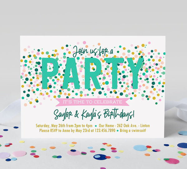 two child double birthday party invitation with white backgroud, colorful  green pink and gold colored dots and large wording