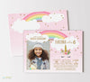 girls birthday invitation with a single photo on left, pink background, and rainbow and unicorn graphics with gold confetti, double sided