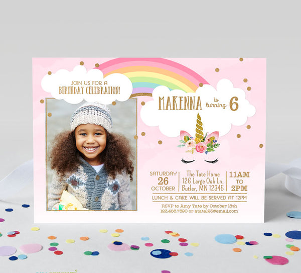 girls birthday invitation with a single photo on left, pink background, and rainbow and unicorn graphics with gold confetti