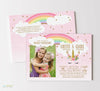 rainbow and unicorn themed joint birthday invitation for two girls with gold details and single photo, double sided