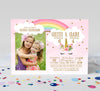 rainbow and unicorn themed joint birthday invitation for two girls with gold details and single photo