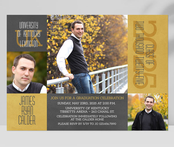 graduation announcement in landscape format with gold and gray text boxes, three photos and white text