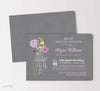 bridal shower invitation with gray textured background, purple flowers in a vintage vase, purple fonts, double sided