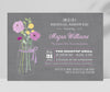 bridal shower invitation with gray textured background, purple flowers in a vintage vase, purple fonts