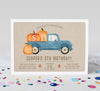 birthday invitation with brown burlap patterned background, vintage blue truck and pumpkin graphics