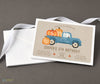 birthday invitation with brown burlap patterned background, vintage blue truck and pumpkin graphics, printed on cardstock