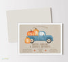 birthday invitation for 3 children with brown burlap patterned background, vintage blue truck and pumpkin graphics, striped background