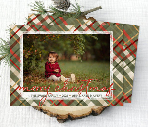 single landscape oriented photo on a red, green and gold plaid background, christmas or holiday card printable file