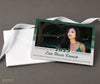 grad announcement with single landscape photo, green watercolor background and text, printed on cardstock