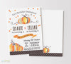 fall birthday party invitation for two siblings with brown polka dot bottom stripe, orange confetti, large orange and gray watercolor pumpkins and brown lettering, double sided