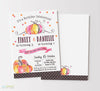 fall birthday party invitation for two siblings with brown polka dot bottom stripe, orange confetti, large orange and pink watercolor pumpkins and brown lettering