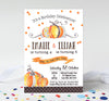 fall birthday party invitation for two siblings with brown polka dot bottom stripe, orange confetti, large orange and gray watercolor pumpkins and brown lettering