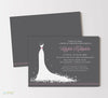 bridal shower invitation with gray background, white wedding dress silhouette, pink accents, double sided